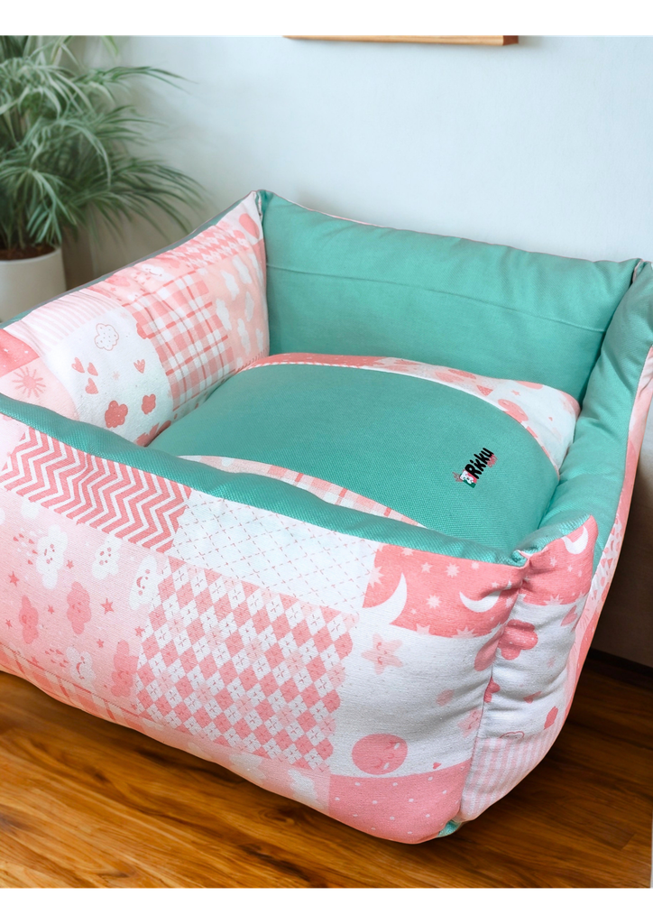 Rikku Guay, CAMITA DESENFUNDABLE ROSA Y MENTA + cojín