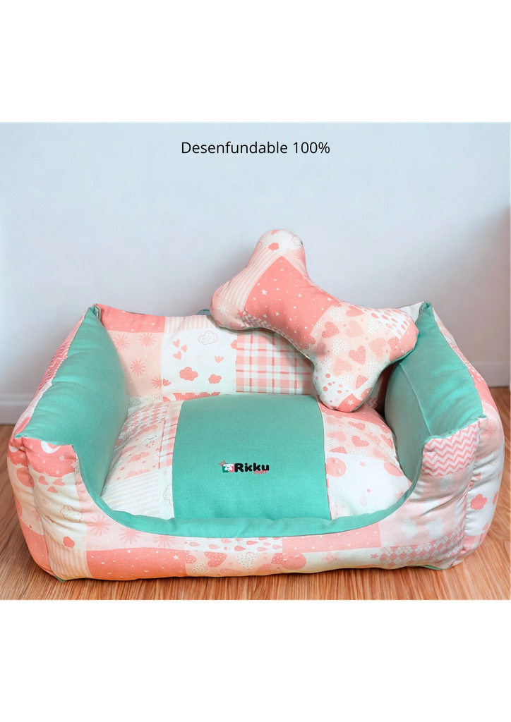 Rikku Guay, CAMITA DESENFUNDABLE ROSA Y MENTA + cojín de hueso