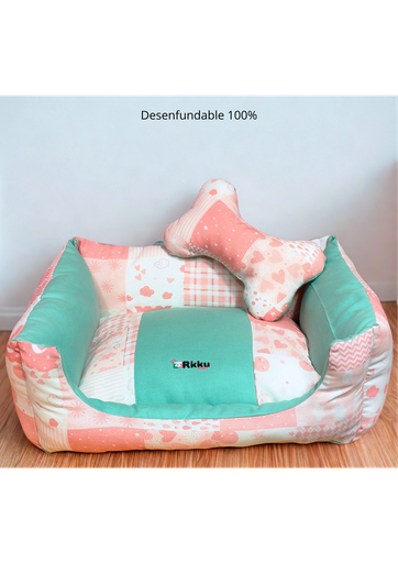 Rikku Guay, CAMITA DESENFUNDABLE ROSA Y MENTA + cojín de hueso